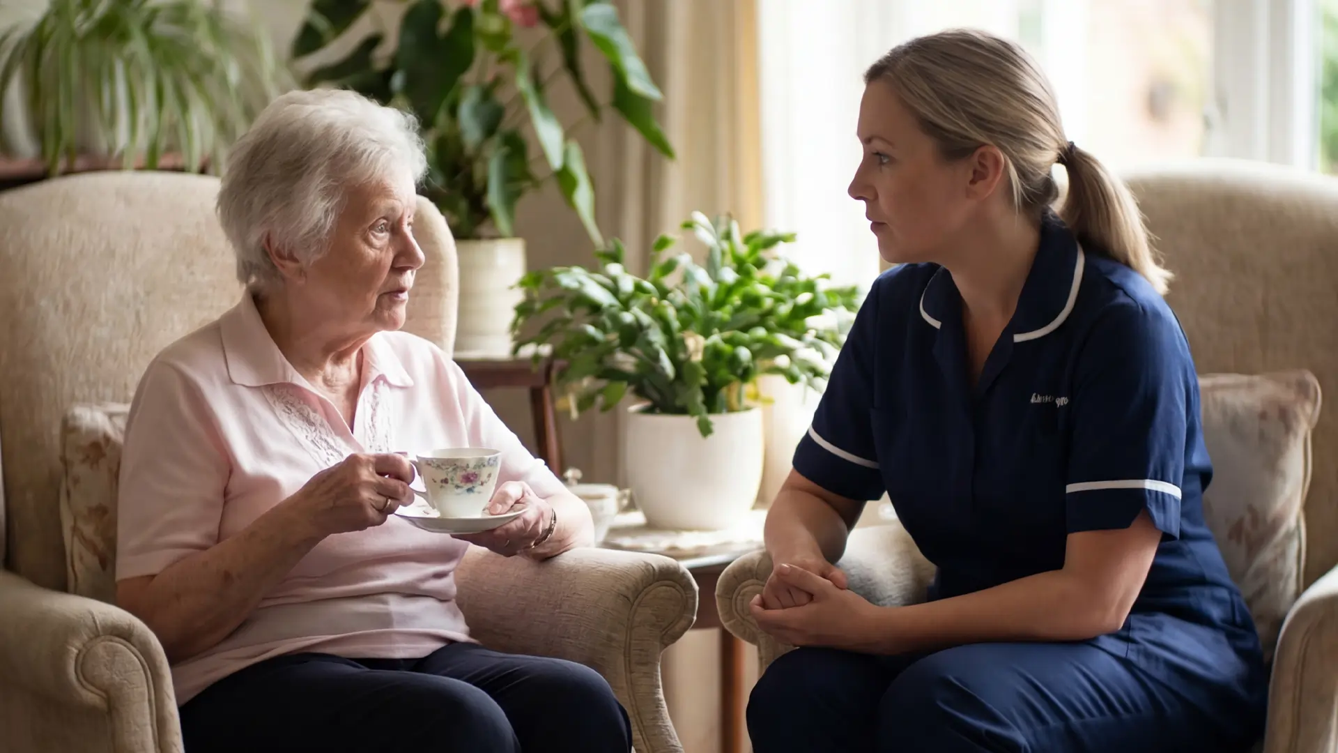 Senior woman sharing tea with her caregiver during a daily Alzheimer's care visit at home