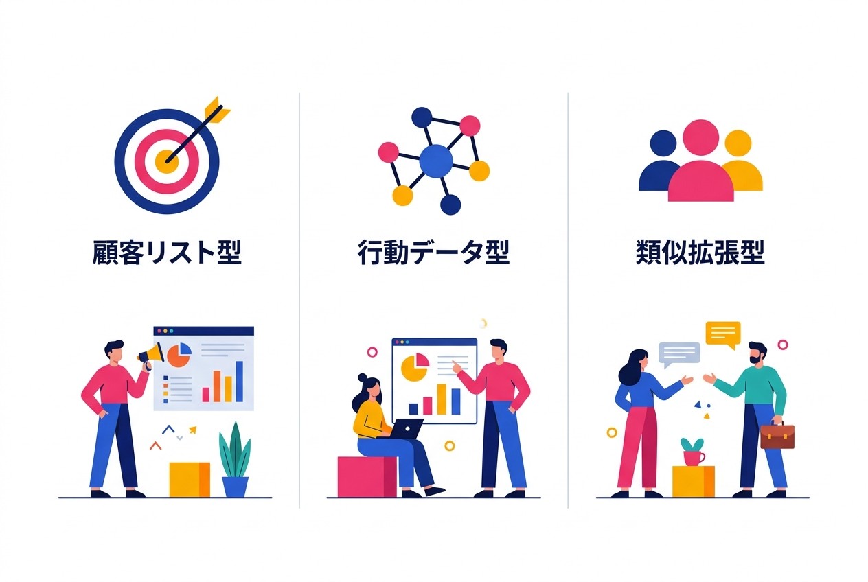 カスタムオーディエンス設計の3つのアプローチ。顧客リスト型は精度が最も高く、行動データ型は規模を確保でき、類似拡張型は新規顧客獲得に適している。多くの企業では3つを組み合わせて運用している。