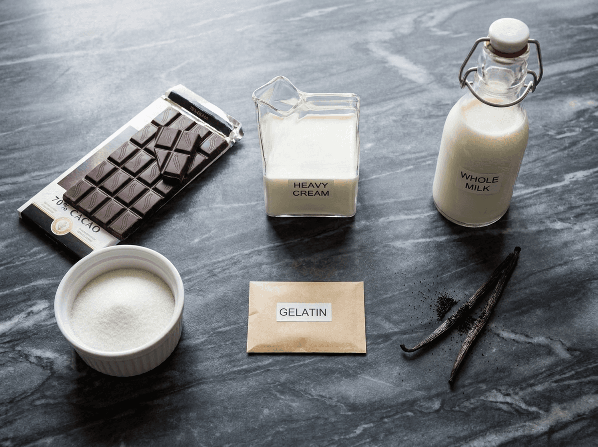 Chocolate panna cotta recipe ingredients flat-lay on dark marble countertop