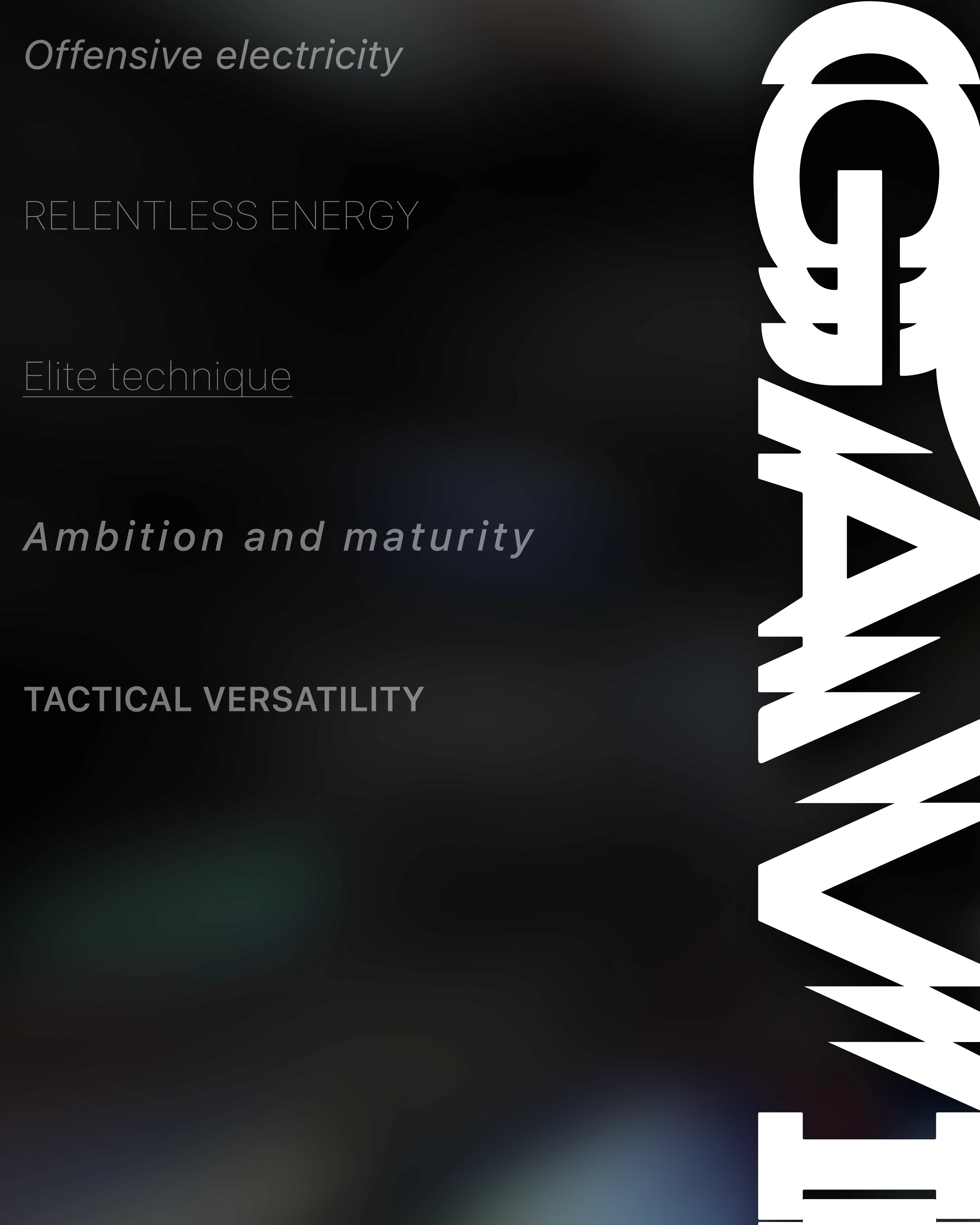 Vertical GAVI logotype beside a list of Gavi’s attributes in different typographic styles on a dark background, campaign design by Sebastian Saavedra