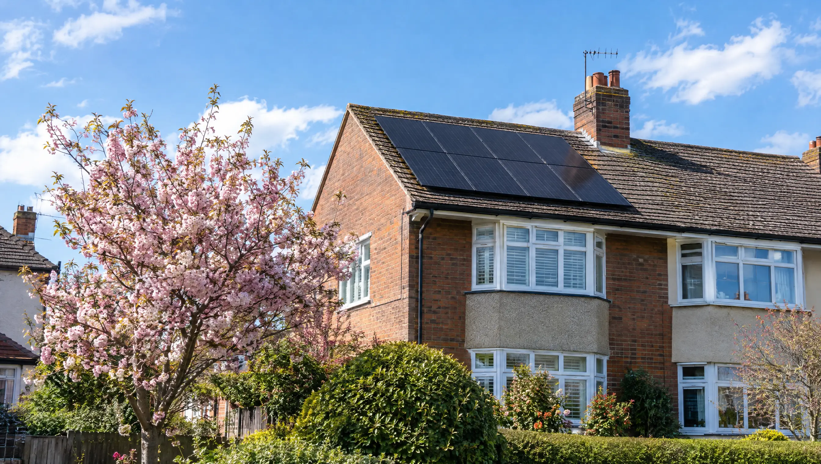 Solar panels on a house roof on a bright spring day
