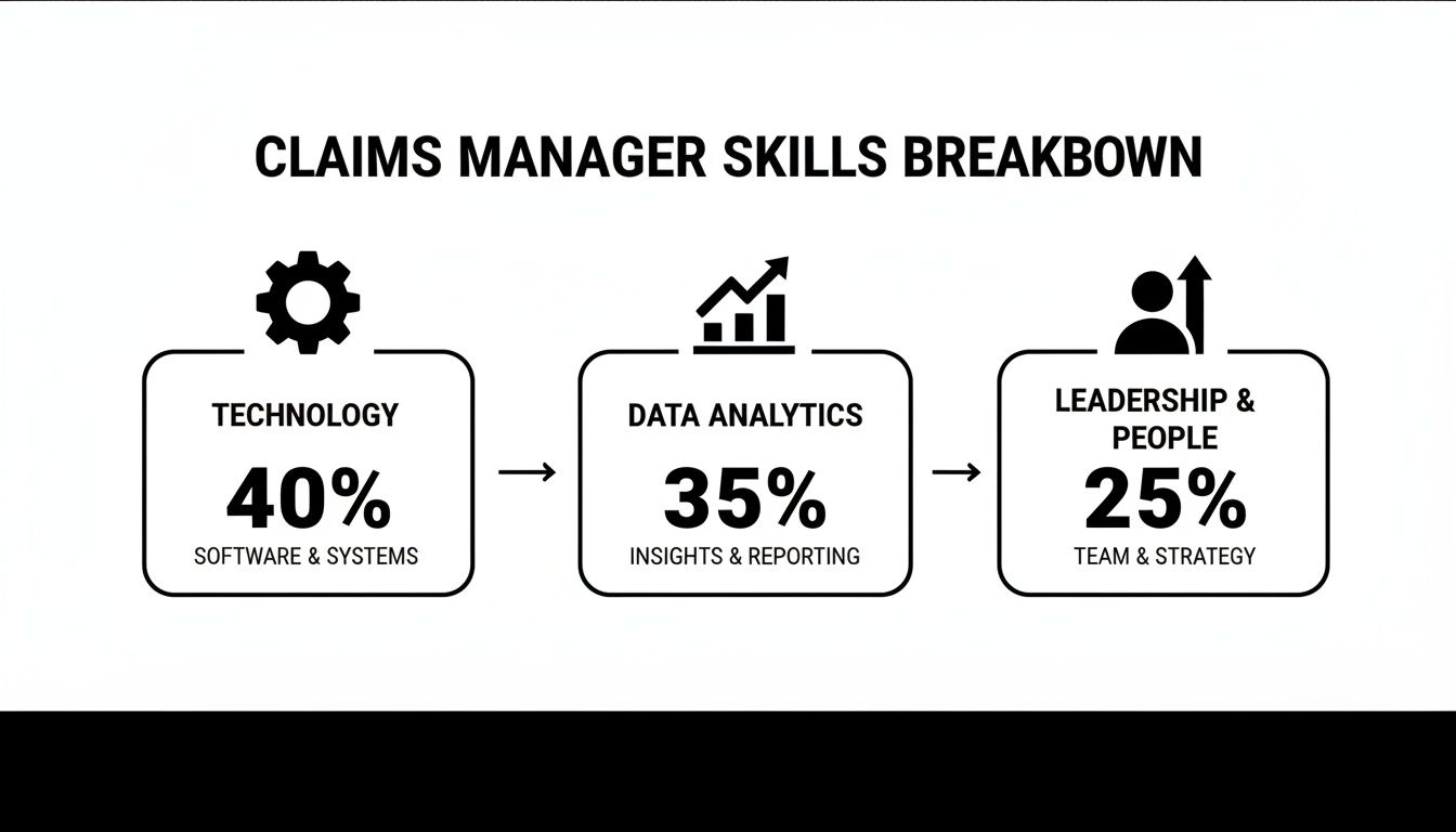 Infographic showing Claims Manager Skills Breakdown: 40% Technology, 35% Data Analytics, 25% Leadership.