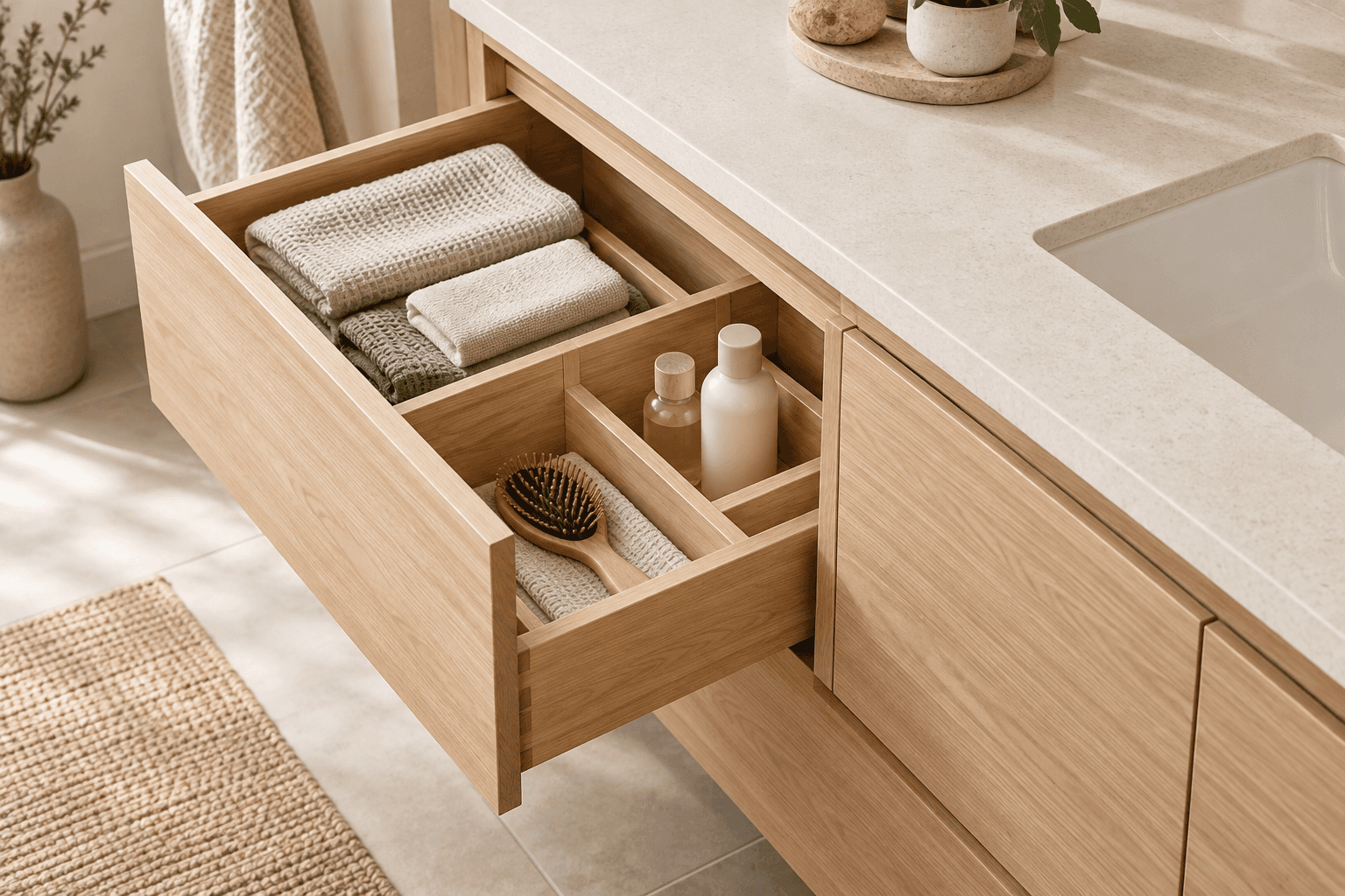 AI concept of an open side drawer with removable dividers, towels and toiletries beside a closed sink cabinet.