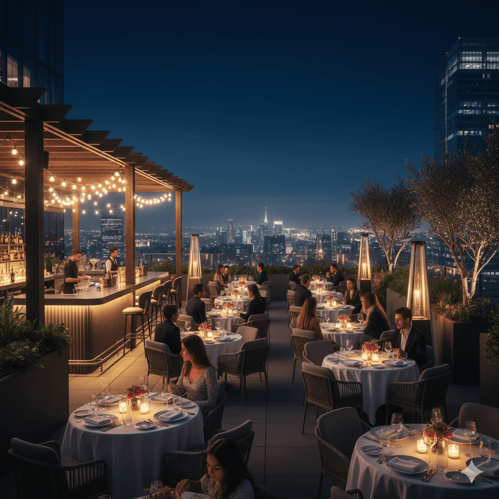 Premium rooftop fine-dining terrace at M3M Sector 98 Gurugram with evening city views and alfresco seating arrangement