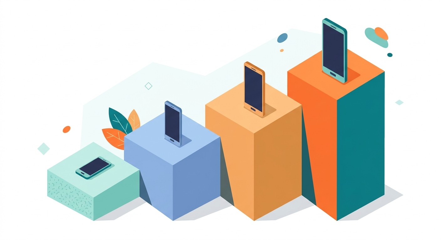Illustration of rising price tiers for website to app cost, each step holding a smartphone