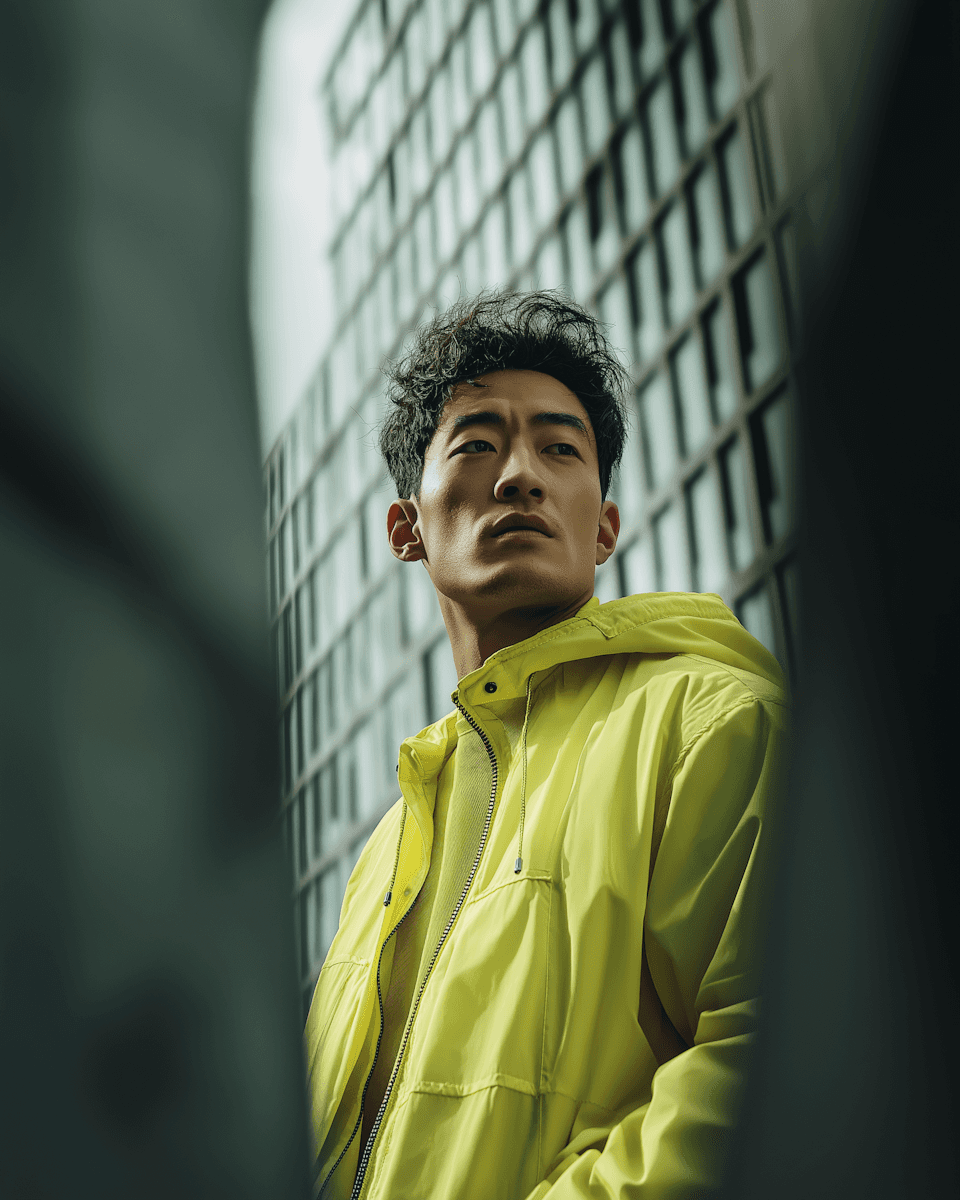 Low-angle shot of a man in a yellow hooded jacket against a modern building.