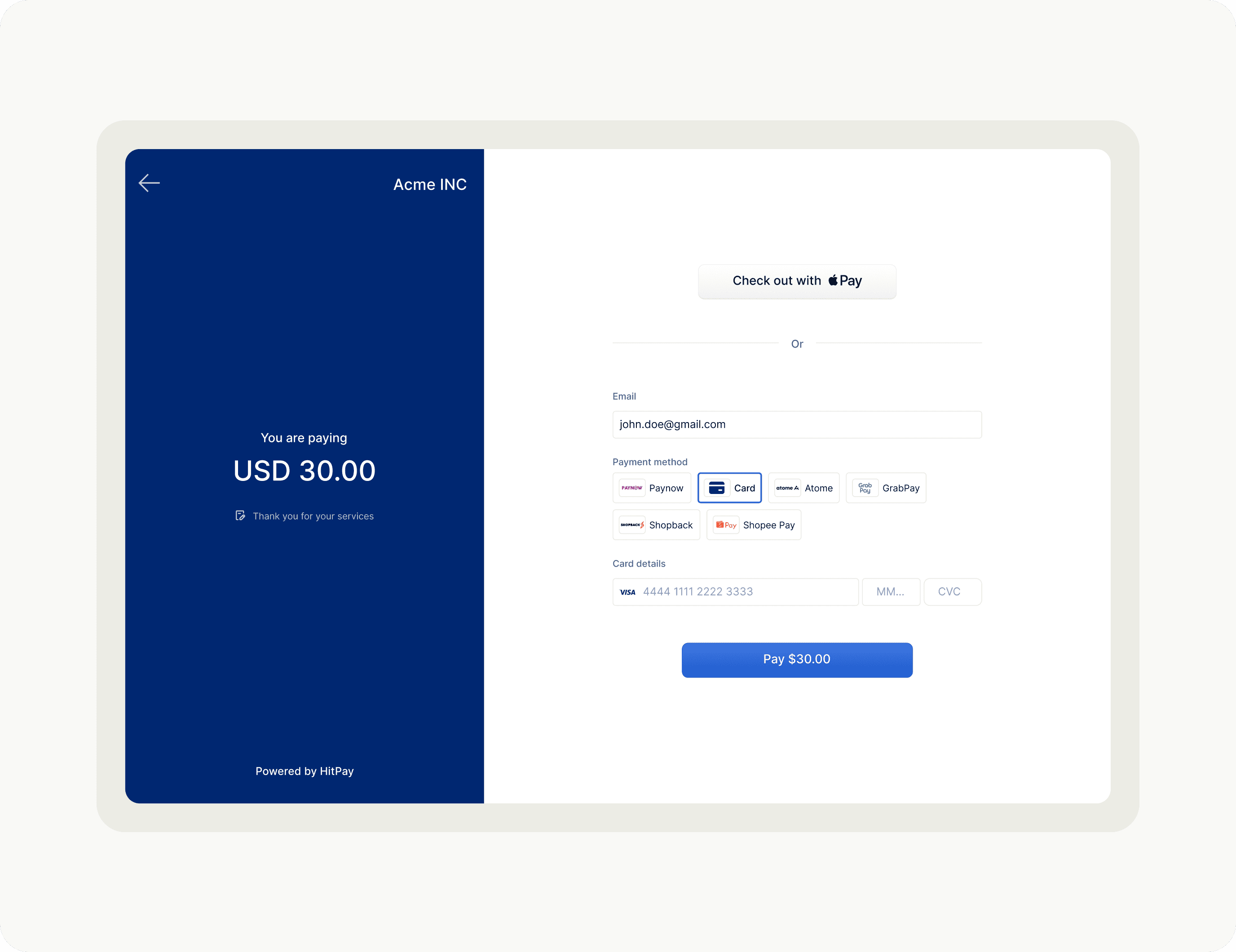 A checkout interface displays payment options for USD 30.00.