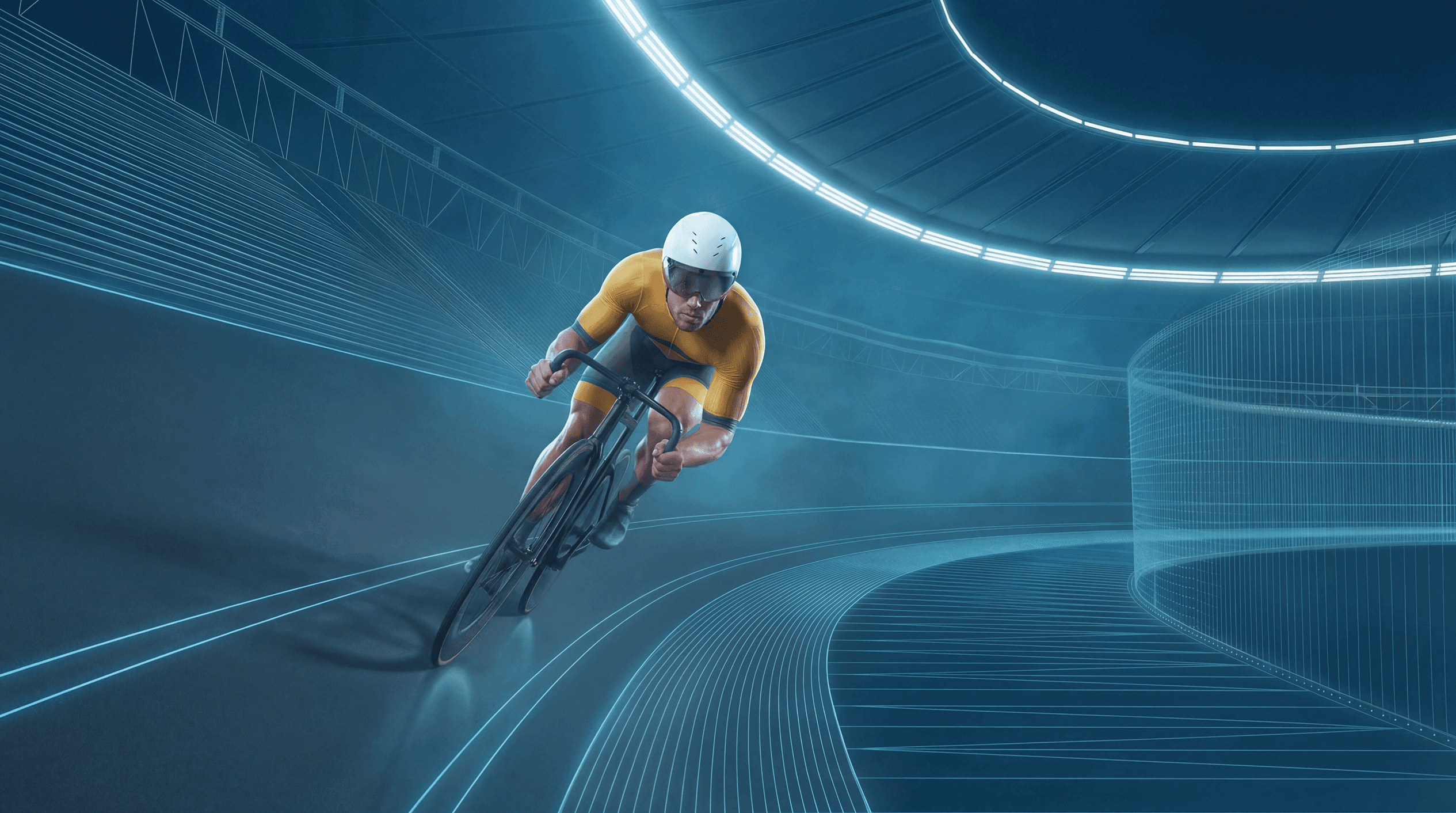 Male track cyclist speeding on a futuristic velodrome.