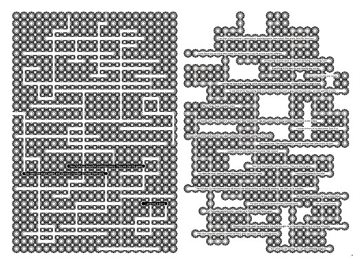 A group of gaussian black and white circles that form an inner and an outer maze like structure.
