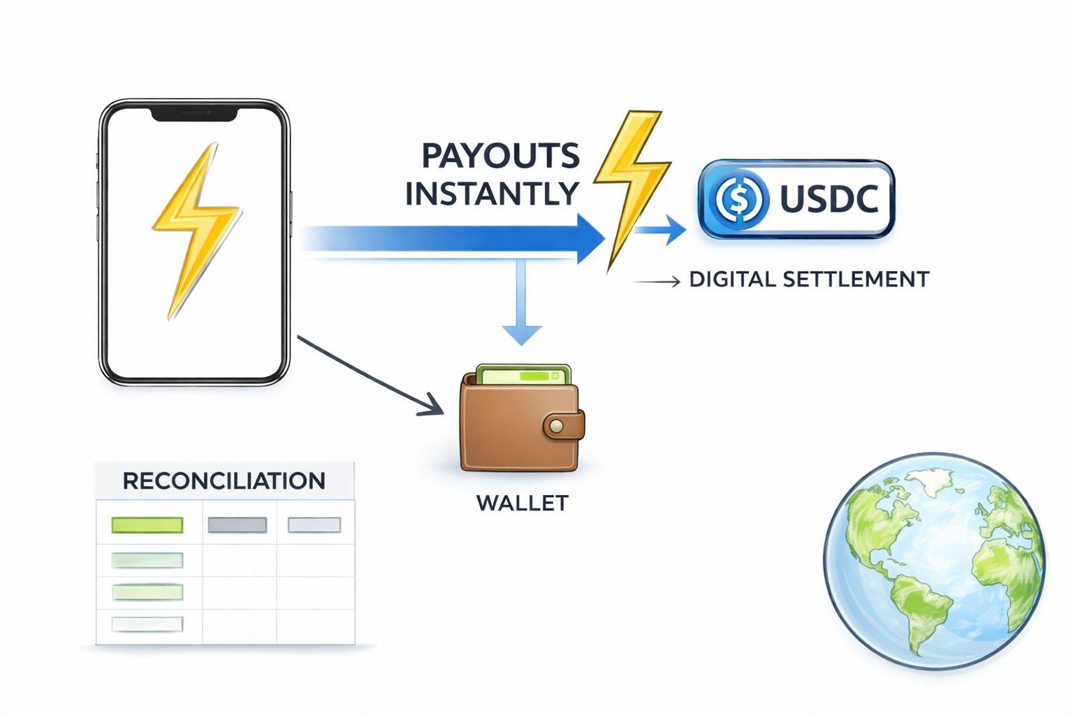 Diagram showing instant payouts via USDC digital settlement from a phone to a wallet with reconciliation.