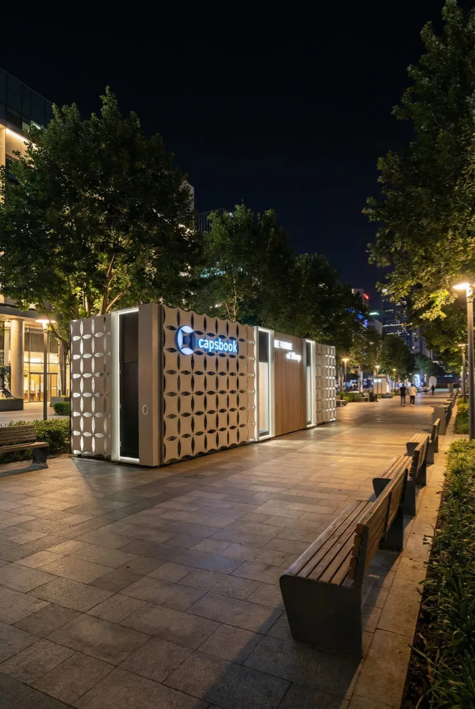 Outdoor shopping center at night with Capsbook storefront