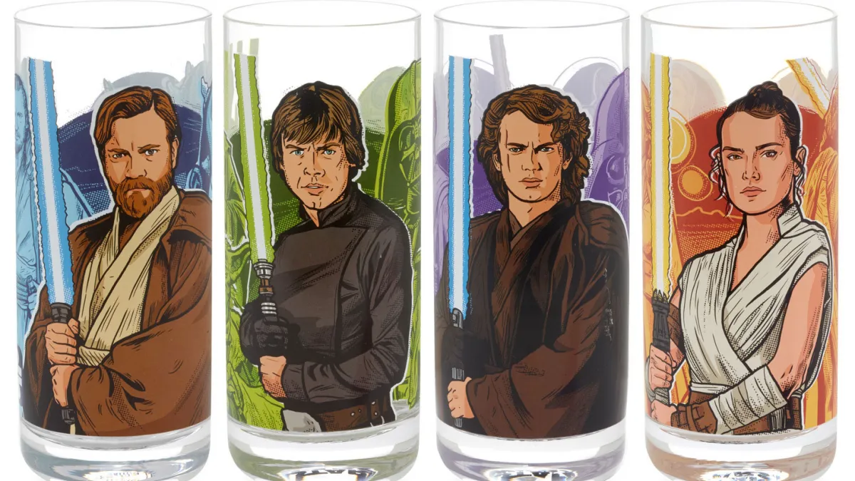 Hallmark vertical glasses showing designs of Obi-Wan Kenobi, Luke Skywalker, Anakin Skyawlker, and Rey Skywalker