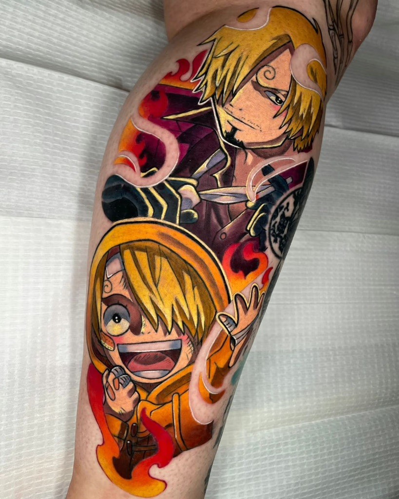 A stunning dual-portrait tattoo of Vinsmoke Sanji from One Piece, featuring his suave adult appearance alongside a playful chibi version. The design incorporates warm red and orange tones with swirling flames, symbolizing his fiery fighting style, and highlights intricate details like his signature curled eyebrow.