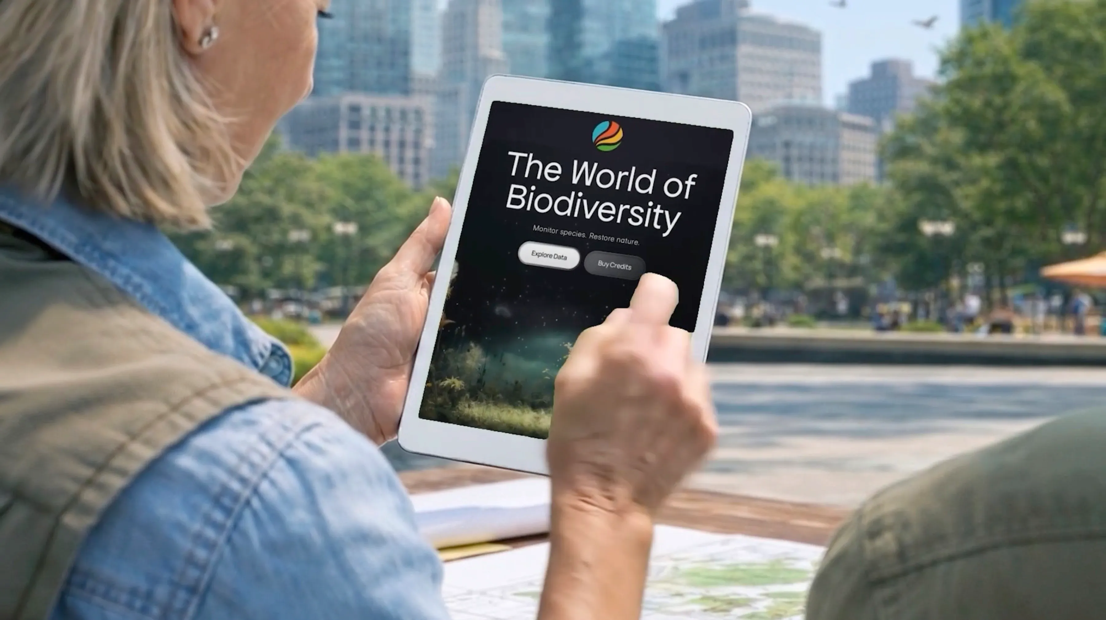 Woman taps Gaia.eco biodiversity app, powered by Illuminum.