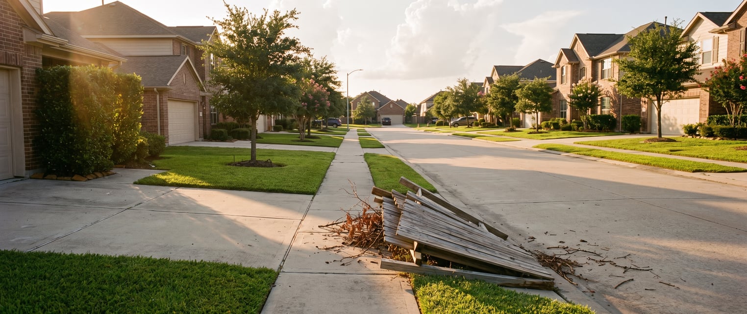 A Pearland subdivision street of near-identical brick homes, leaning fence panels stacked at one curb after a storm.