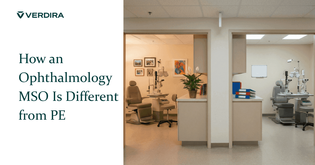 Two adjacent ophthalmology exam rooms contrasting warm physician-owned environment with cold corporate PE-owned environment