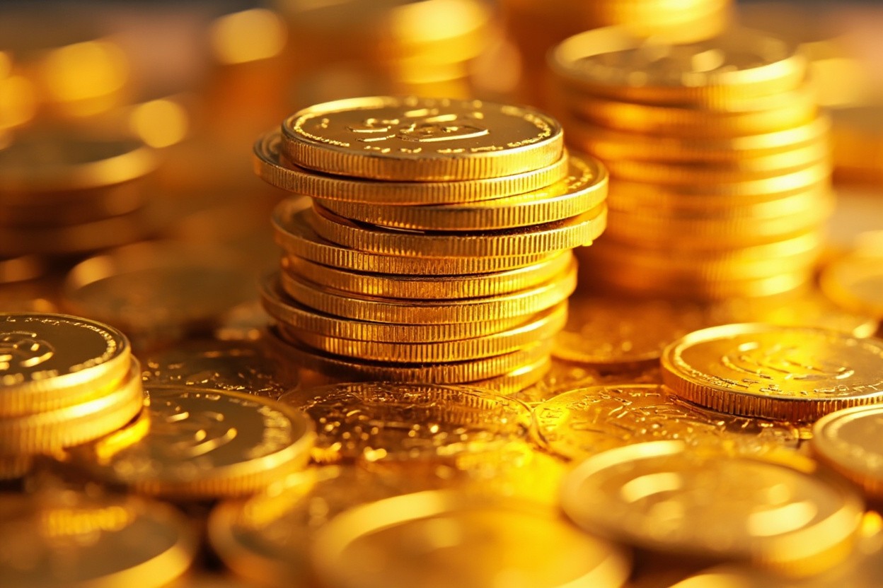 Gold coins stacked, representing secure online gold purchases with BlueGold One.