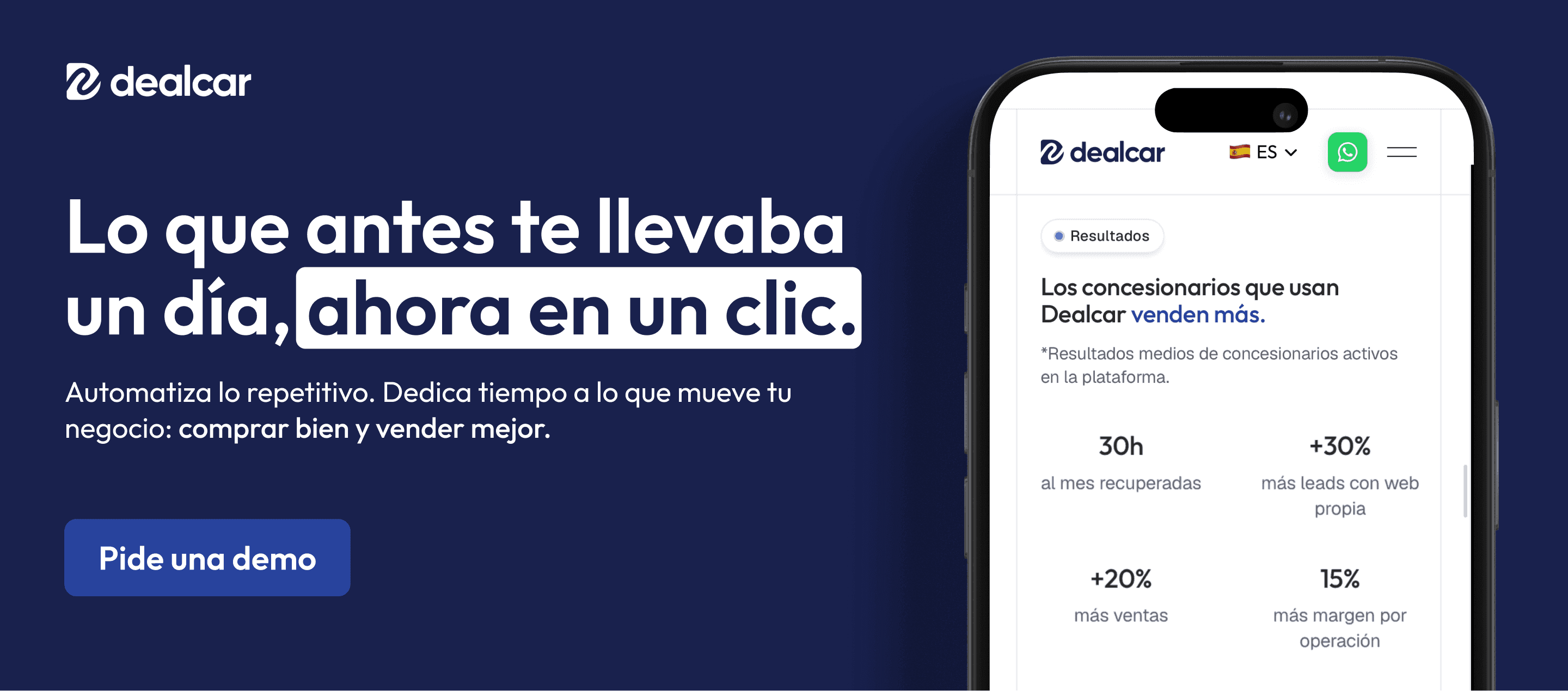 Con Dealcar, lo que antes te llevaba un día ahora lo haces en un clic. Pide una demo
