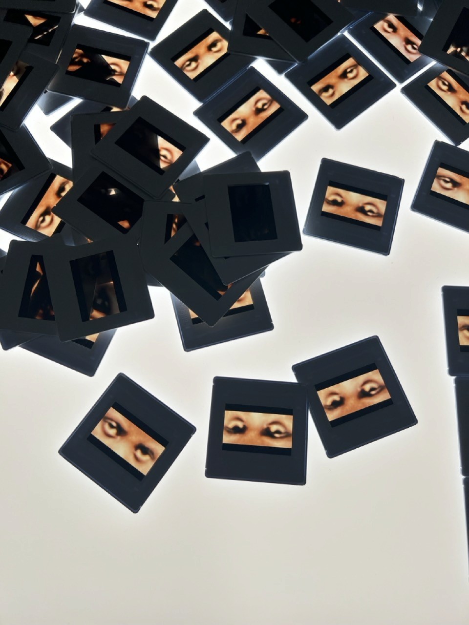 Dozens of 35mm photo slides scattered across a lightbox, each featuring a close-up of a person’s eyes