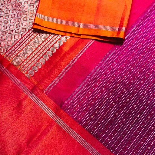 Bright Pink and Orange Kanchivaram Silk Saree