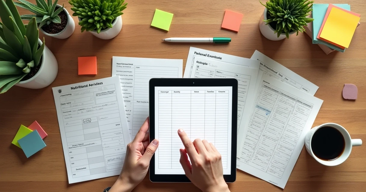 Mesa de trabalho organizada de uma nutricionista 