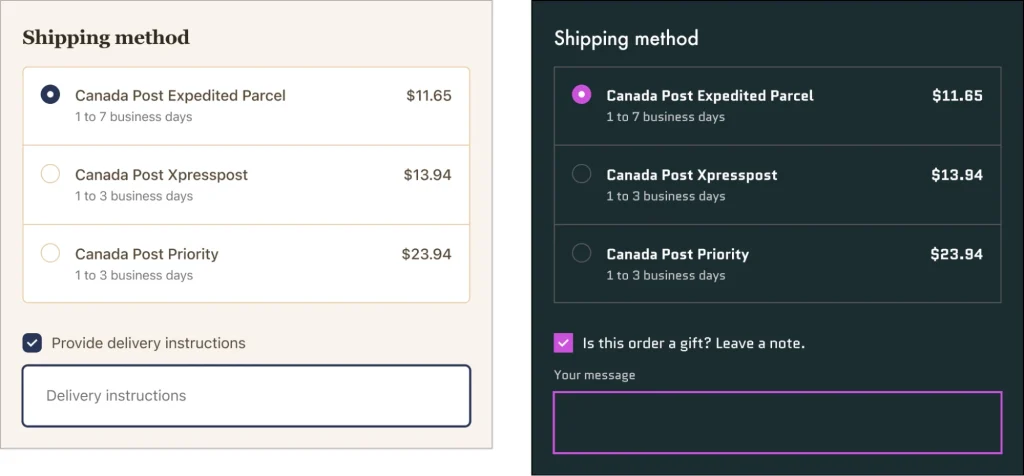 Two Shopify checkout shipping steps with custom fields for delivery instructions and a gift message
