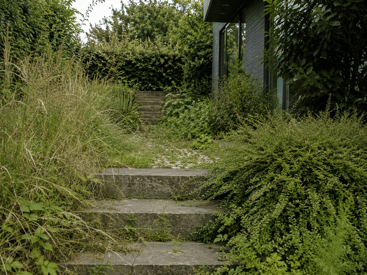 Overgrown front garden before