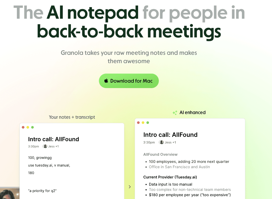 Granola AI homepage screenshot. 