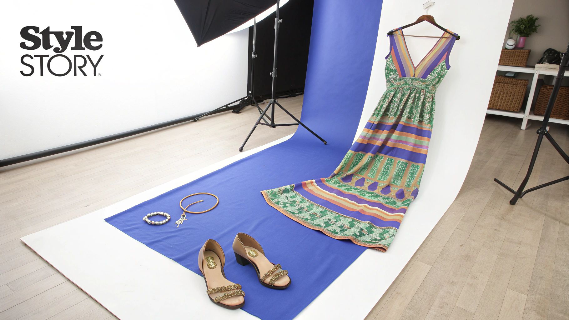 A vibrant patterned maxi dress, embellished heels, and jewelry laid out for a studio photoshoot.