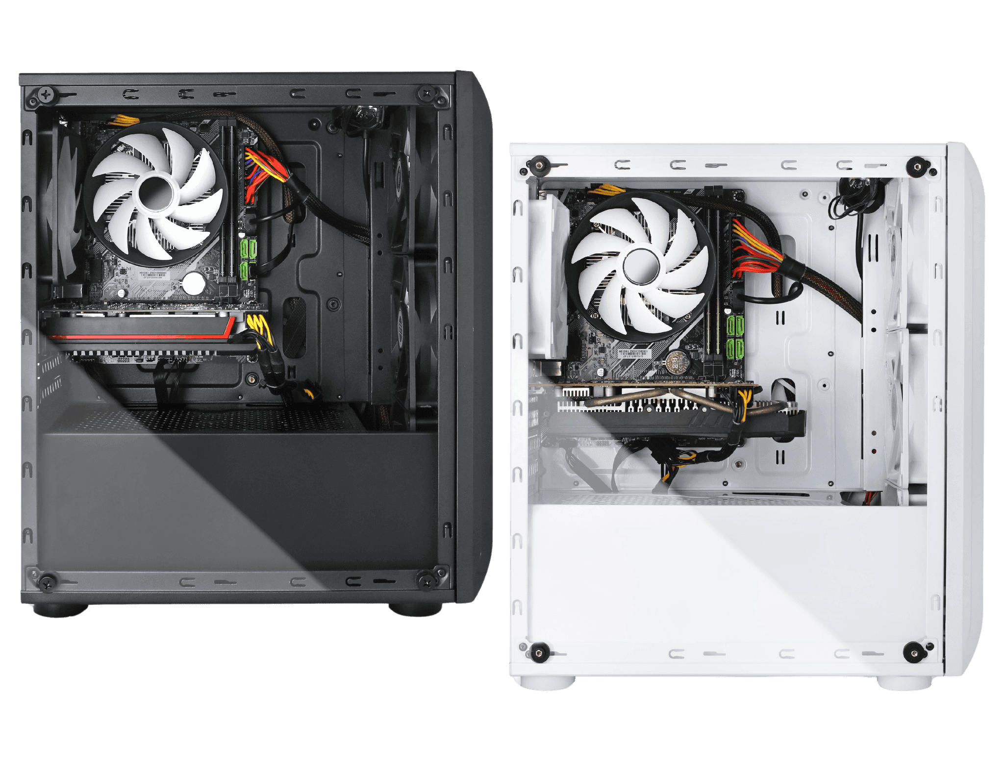 High-performance gaming PC case in black and white with RGB lighting. The cases are shown side by side with visible components like the CPU cooler and colorful fans, emphasizing their sleek design and modern aesthetics. Ideal for gamers looking for a customizable and stylish gaming PC build.