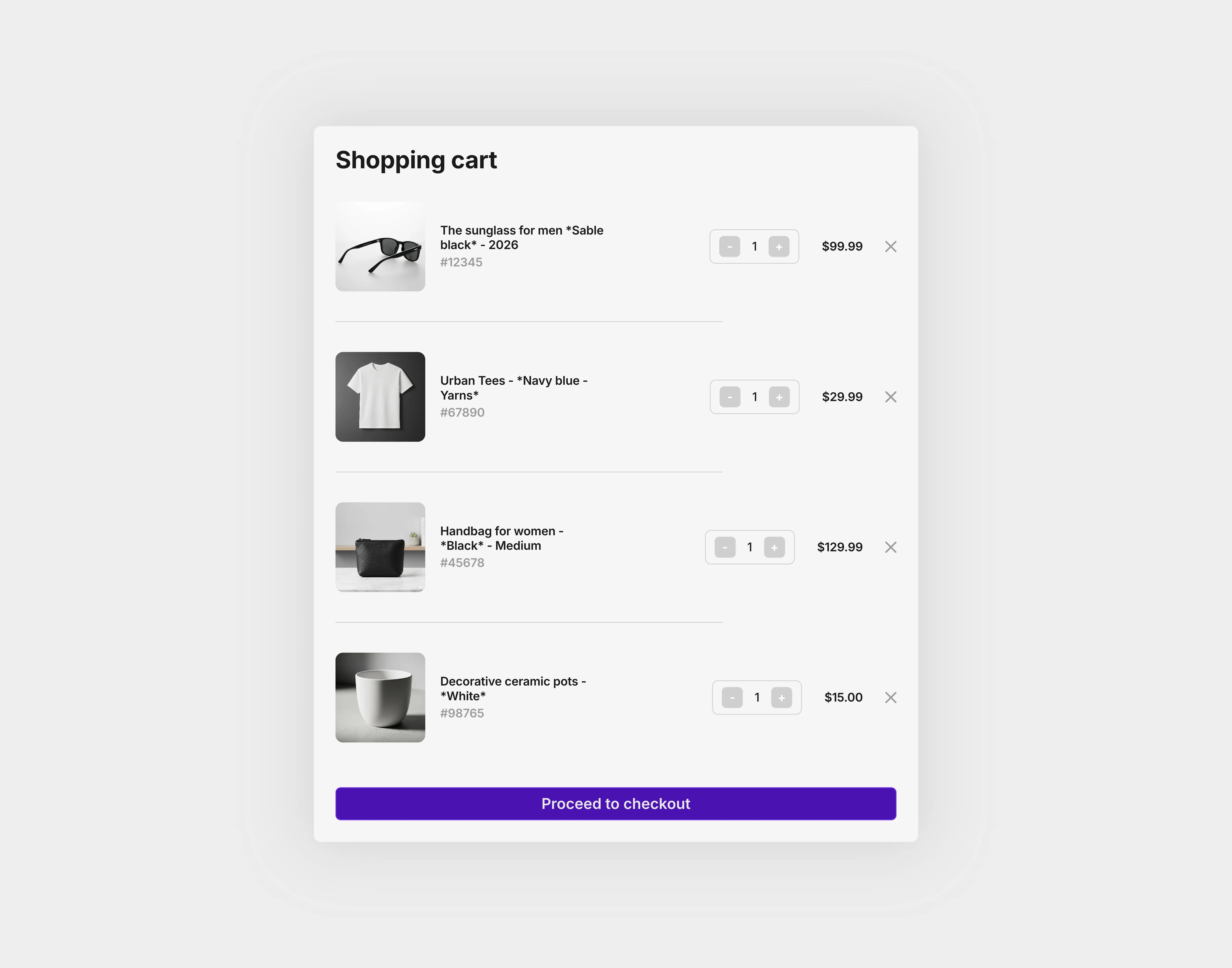 A light themed shopping cart with a few listed items in the cart, the UI optimized for tablet device