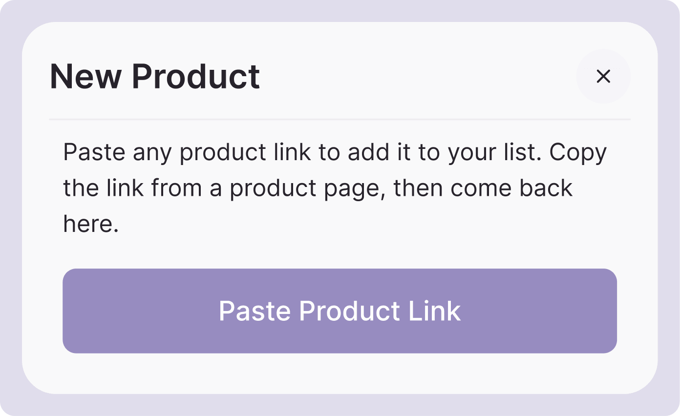 Whisprice wishlist app's New Product window with a Paste Product Link button for saving an item from any online store