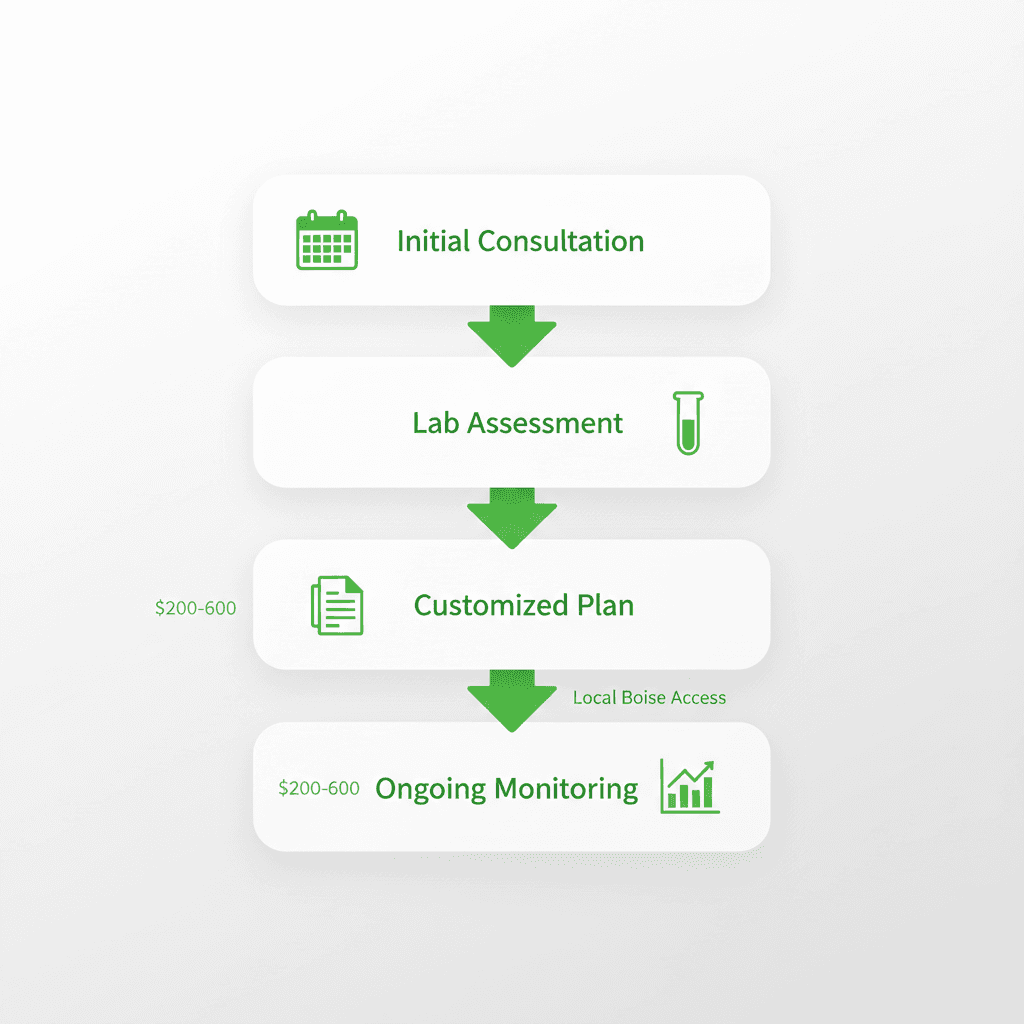 Vertical infographic flowchart showing four stages of bioidentical hormone therapy: consultation, lab testing, customized plan, and monitoring with costs and local access notes.