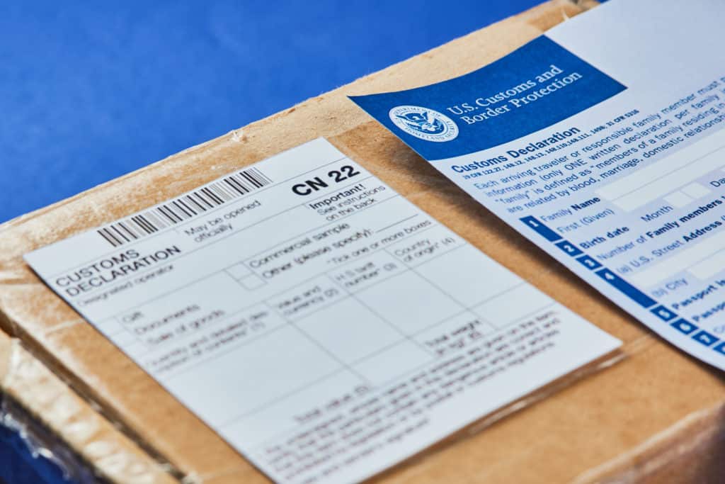 customs declaration on package for customs clearance at the US border 