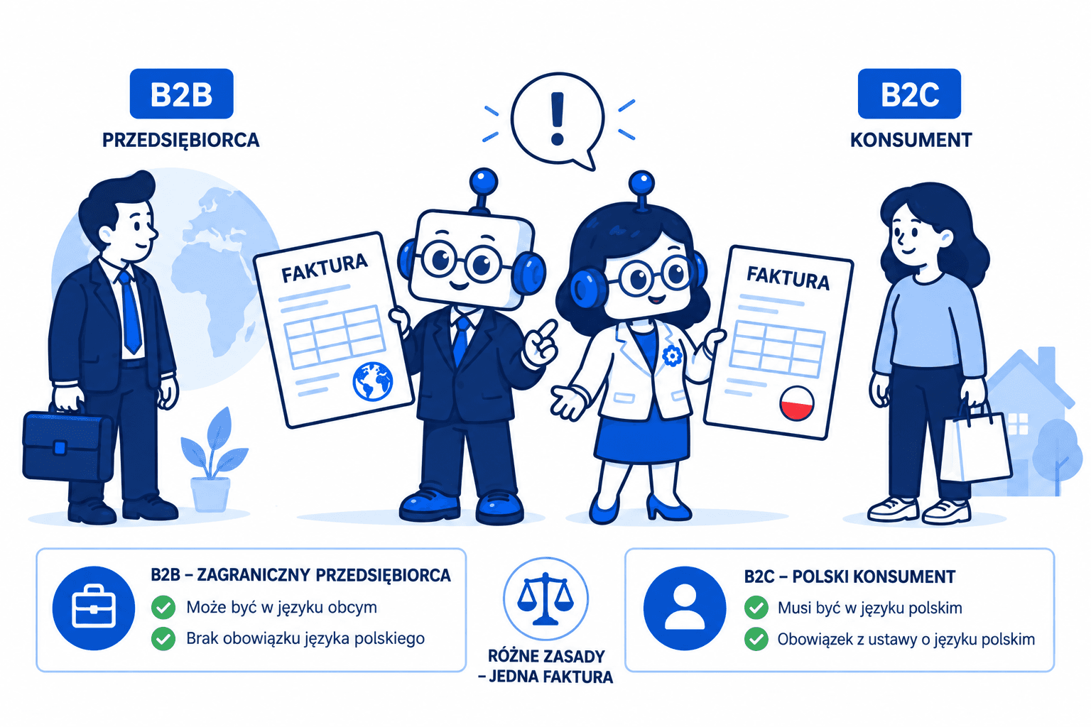 Robot i Robotka pokazują różnice w zasadach wystawiania faktur dla B2B i B2C.