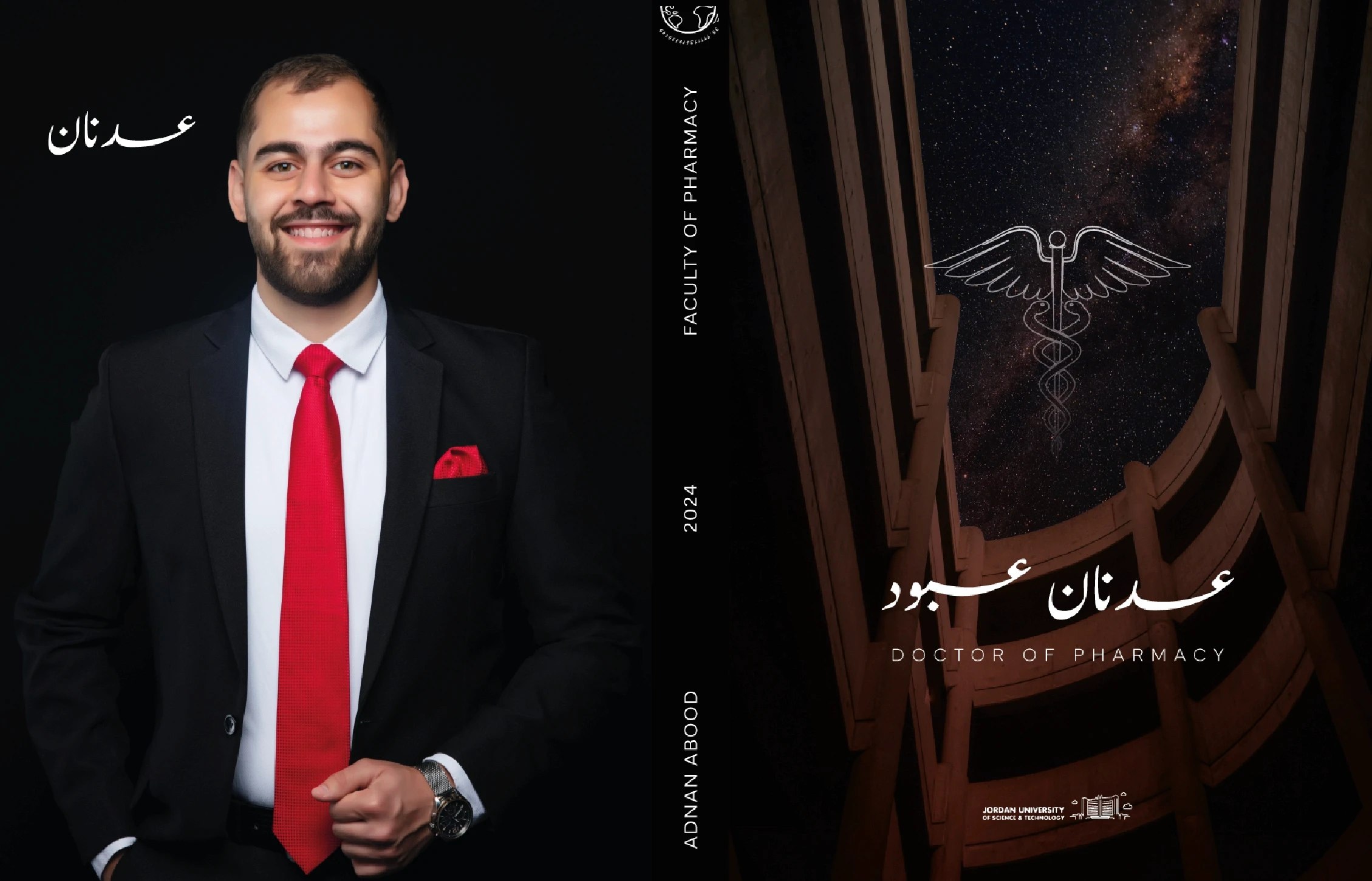 Graduation book for man wearing black suit and red tie and Dr pharmacy sympol made by kkdesign.io, kkdesign