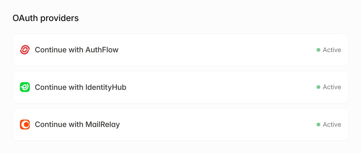 OAuth providers: Continue with AuthFlow, IdentityHub, and MailRelay, all active.