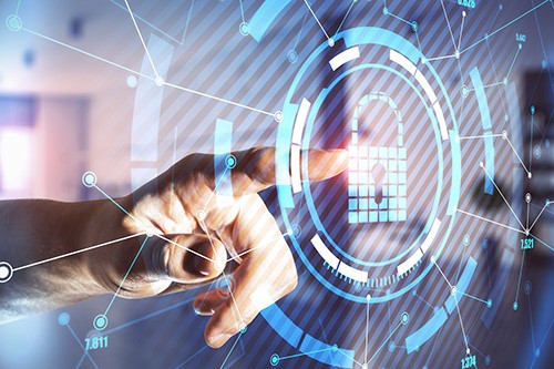 Close-up of a hand touching a digital interface with a glowing padlock icon, surrounded by network lines and data visuals, representing cybersecurity or data protection.