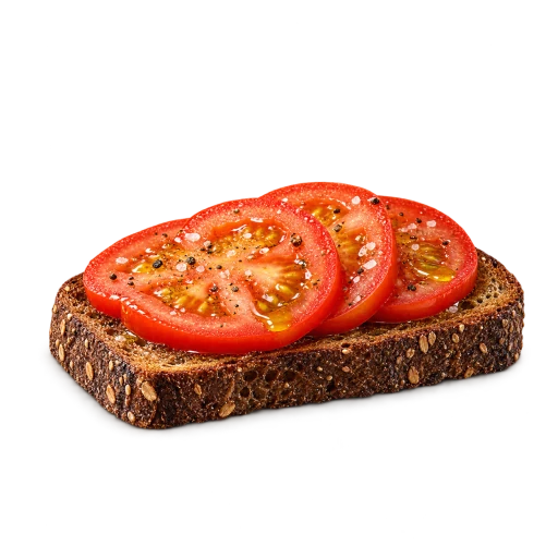 Slice of rye toast topped with tomato