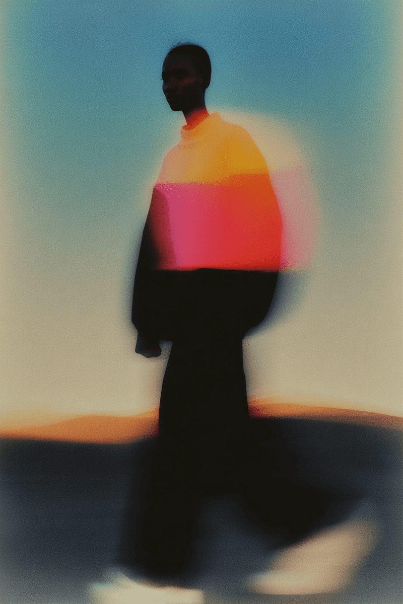 A silhouette of a person walking against a gradient background of vibrant orange and pink hues.