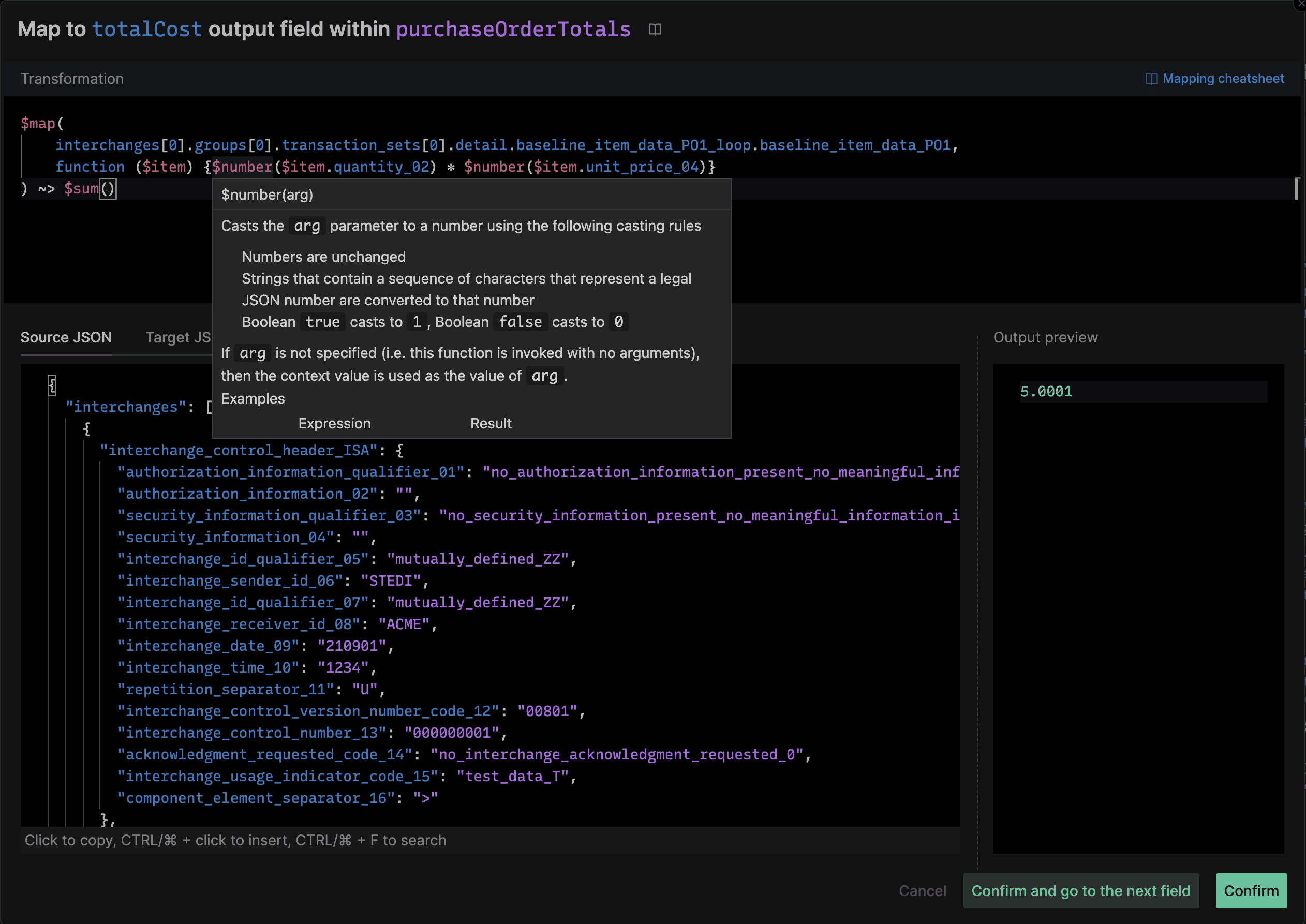 Image of the Mappings fullscreen view showing a complex JSONata transformation