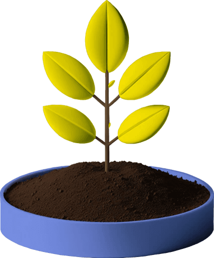 A 3D plant with yellow leaves, over soil in a small blue pot