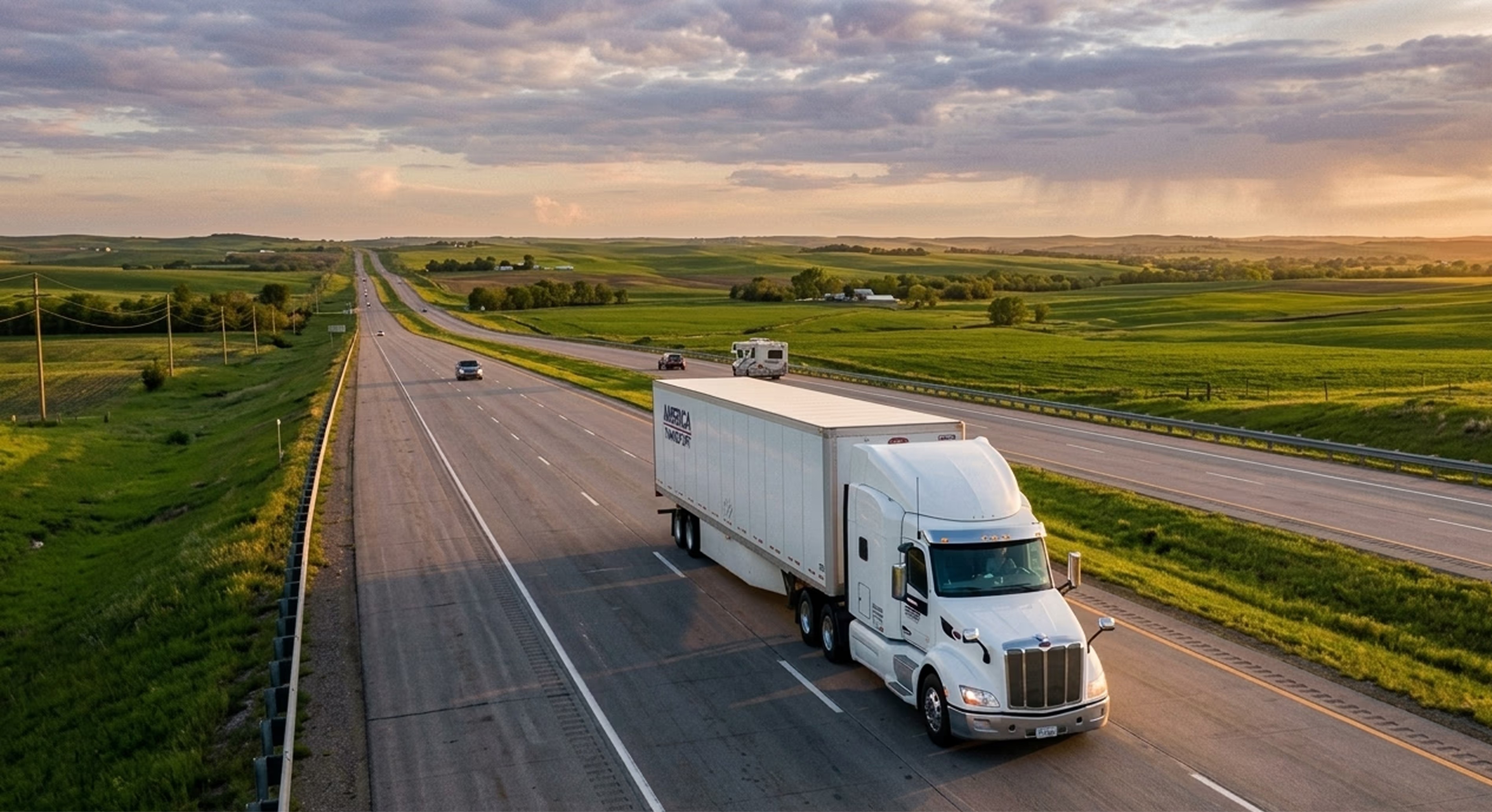 A white semi-truck travels a vast American highway at golden hour, flanked by lush green fields stretching to the horizon — a symbol of the nation's freight and logistics backbone.