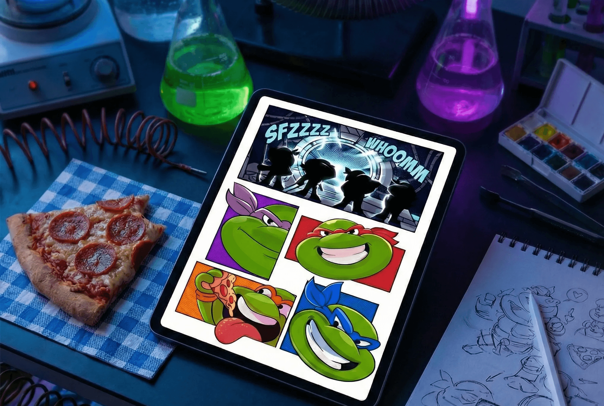 Comic panels on a tablet.