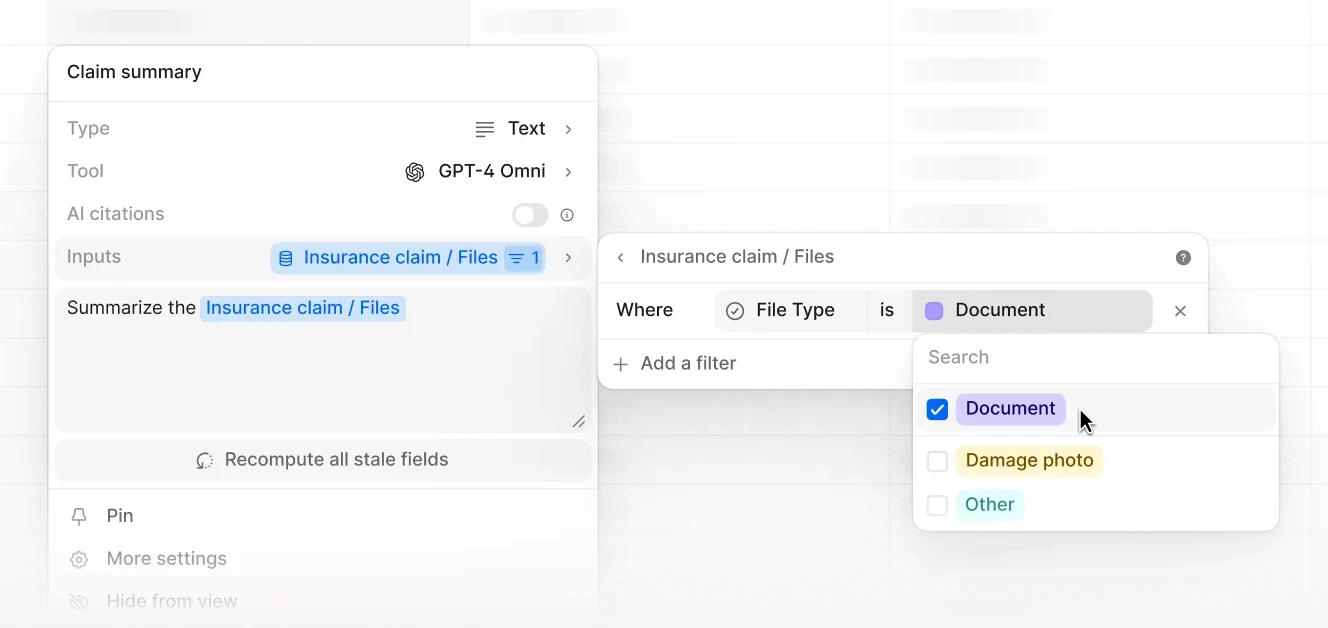 A user interface showing a claim summary configuration panel with GPT-4 Omni as the selected tool and insurance claim file filtering options, allowing selection between documents, damage photos, or other file types.