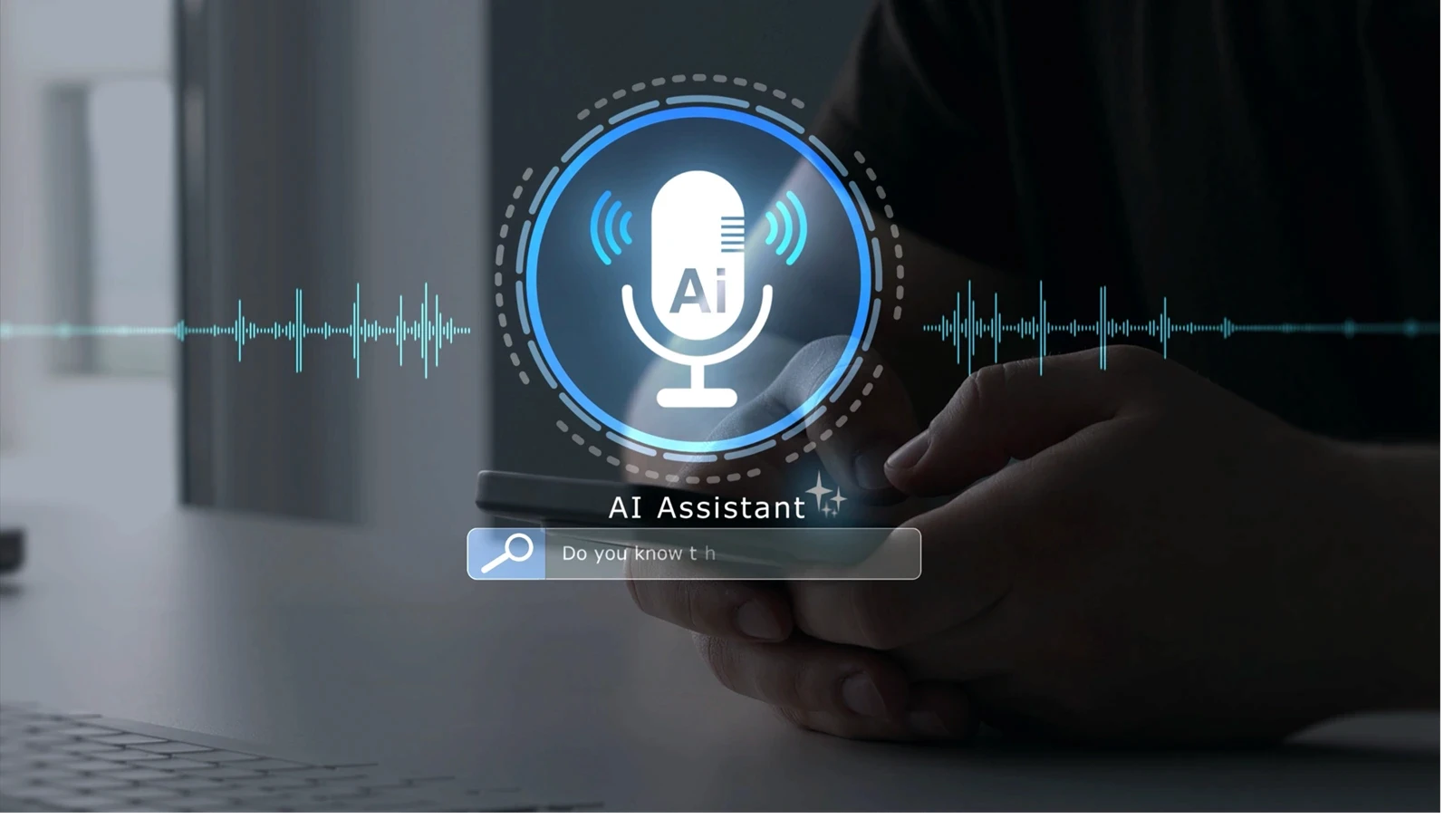 AI assistant voice chat interface. Digital communication, speech recognition, and smart technology enabling natural conversation.Person interacting through microphone with AI Agent voice chat