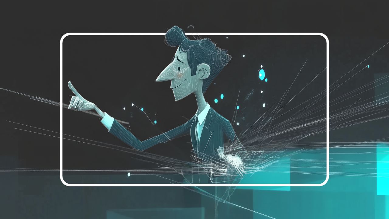 Stylized illustration of a businessman in a suit pointing forward with abstract digital effects