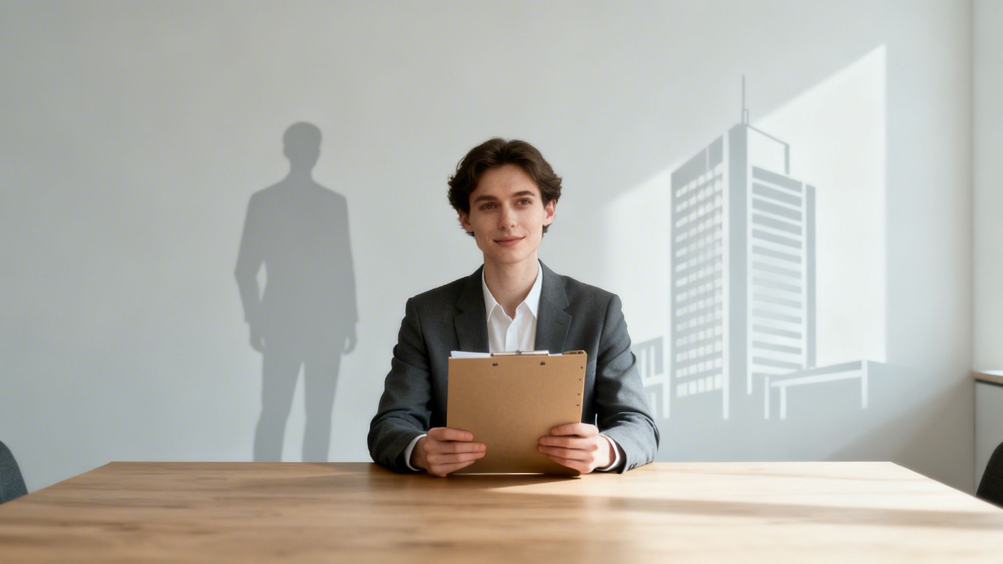 En ung man i kostym sitter vid ett bord med dokument. En skugga och en byggnad syns på väggen.