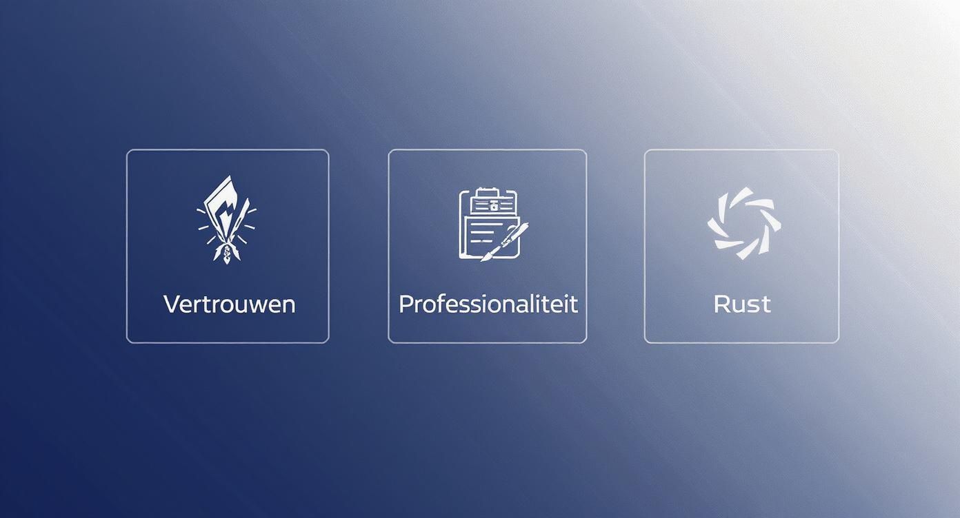 Infographic die de associaties van blauw in branding samenvat met iconen voor vertrouwen, professionaliteit en rust