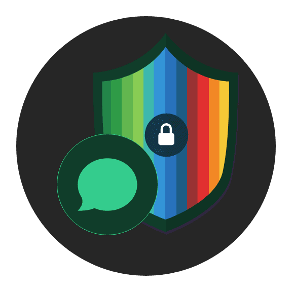 Illustratie van een regenboogkleurig schild met een slot en een chatballon, dat veilige en versleutelde communicatie in de bunq-app symboliseert.